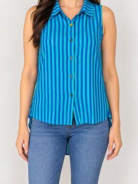 Blue Turquoise Striped Sleeveless High Low Blouse Size M